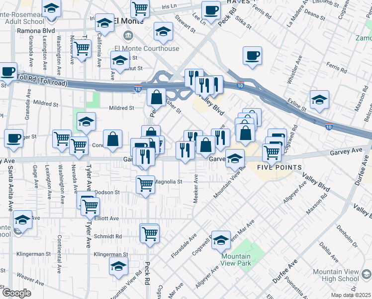 map of restaurants, bars, coffee shops, grocery stores, and more near 3003 Richwood Avenue in El Monte