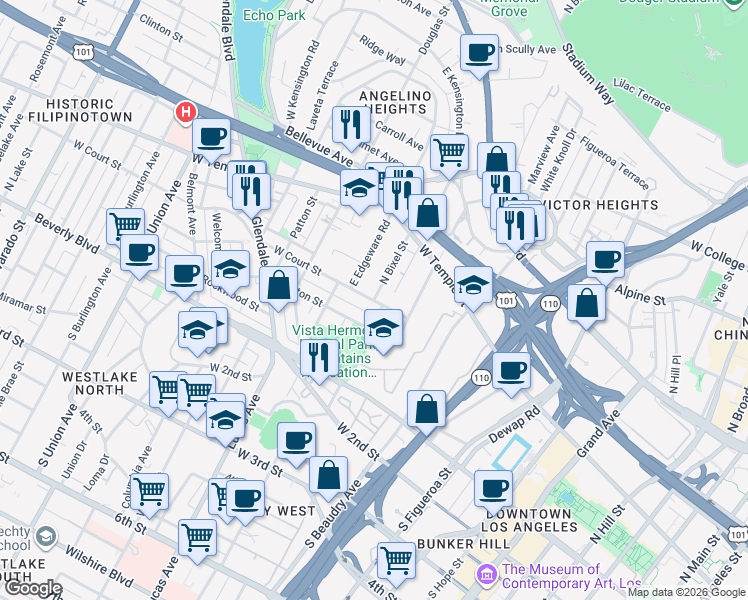 map of restaurants, bars, coffee shops, grocery stores, and more near 300 North Bixel Street in Los Angeles