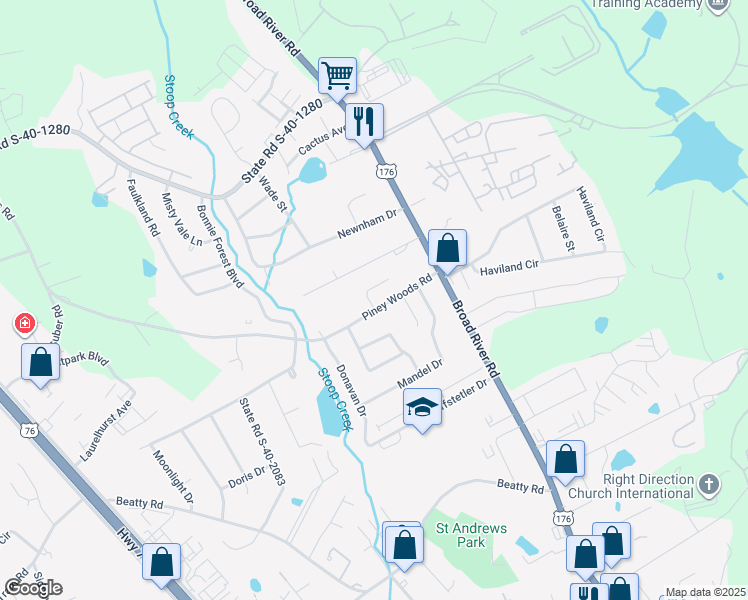 map of restaurants, bars, coffee shops, grocery stores, and more near 1117 Piney Woods Road in Columbia