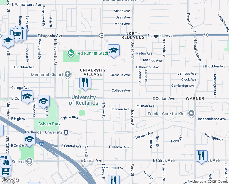 map of restaurants, bars, coffee shops, grocery stores, and more near 1312 College Avenue in Redlands