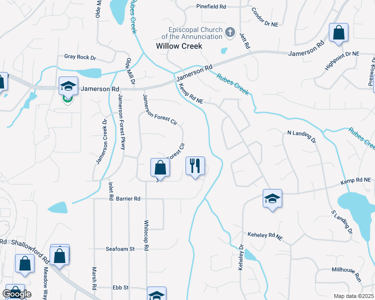 map of restaurants, bars, coffee shops, grocery stores, and more near 4762 Jamerson Forest Circle in Marietta