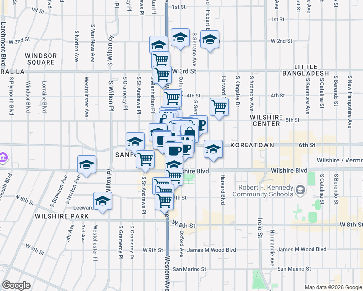 map of restaurants, bars, coffee shops, grocery stores, and more near W 6th St & S Oxford Ave in Los Angeles