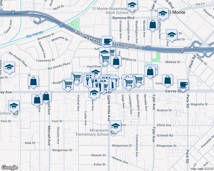 map of restaurants, bars, coffee shops, grocery stores, and more near 3017 Santa Anita Avenue in South El Monte