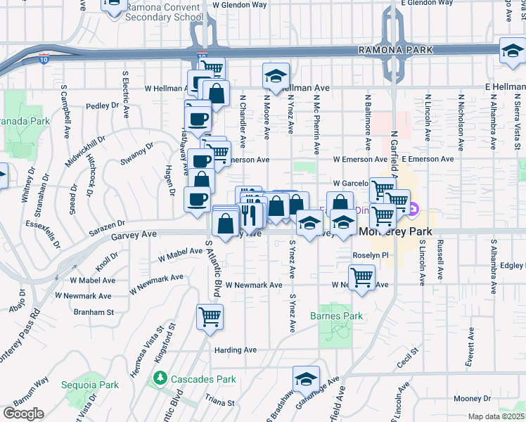 map of restaurants, bars, coffee shops, grocery stores, and more near 127 North Moore Avenue in Monterey Park