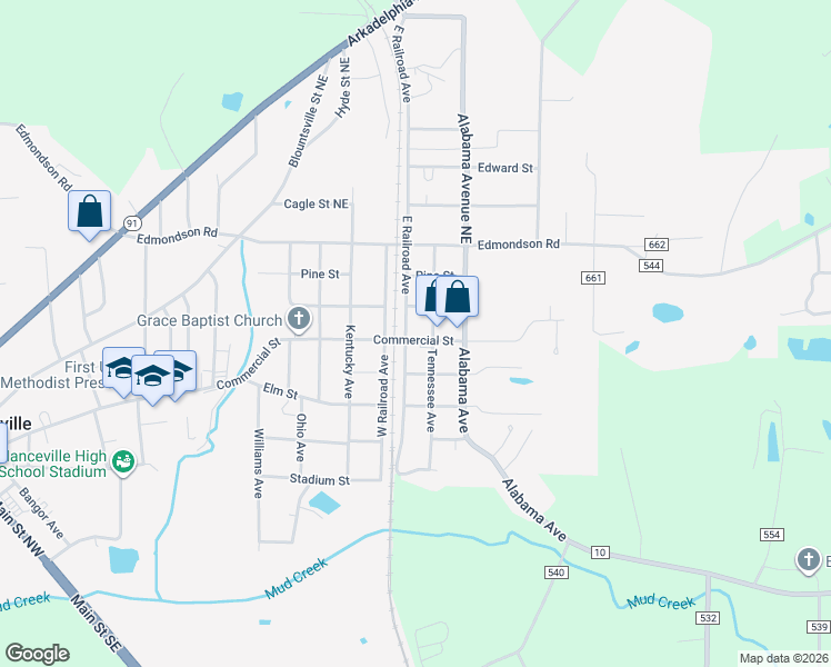 map of restaurants, bars, coffee shops, grocery stores, and more near 1412 Commercial Street in Hanceville