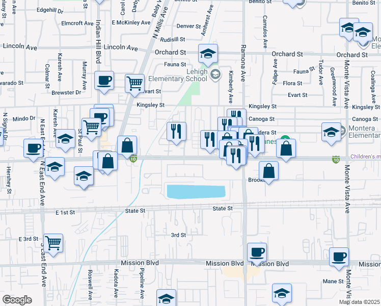 map of restaurants, bars, coffee shops, grocery stores, and more near 4290 Holt Boulevard in Montclair