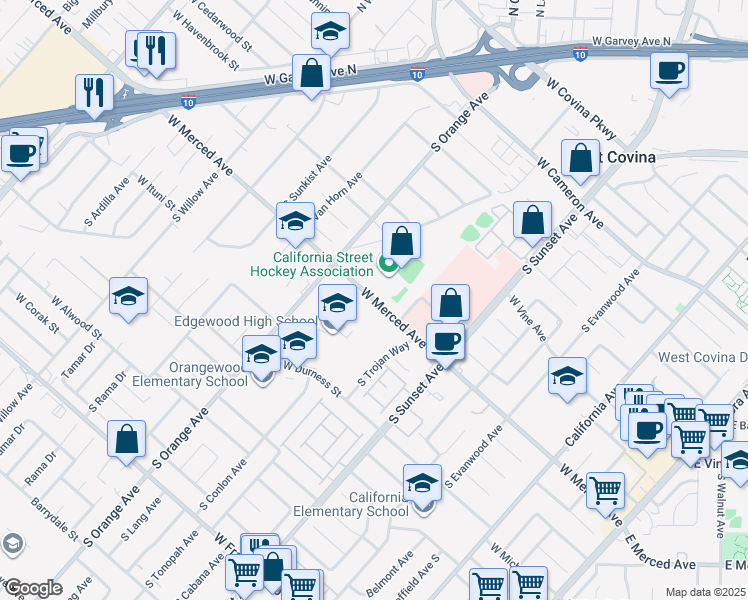map of restaurants, bars, coffee shops, grocery stores, and more near 1222 South Van Horn Avenue in West Covina