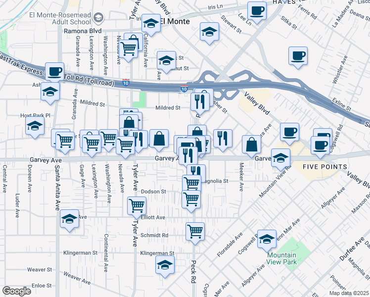 map of restaurants, bars, coffee shops, grocery stores, and more near in El Monte