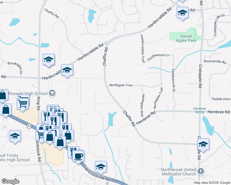 map of restaurants, bars, coffee shops, grocery stores, and more near 395 Chaffin Rd in Roswell
