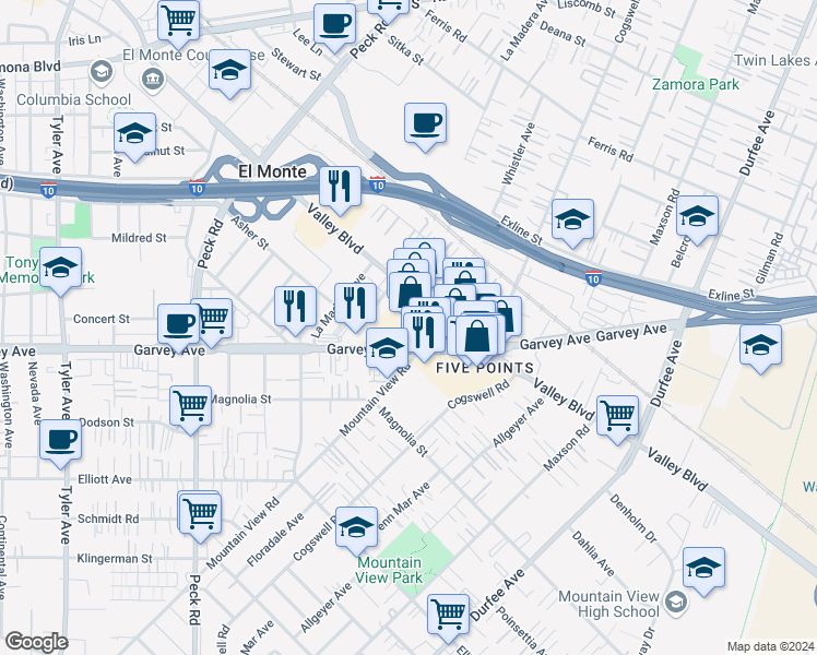 map of restaurants, bars, coffee shops, grocery stores, and more near in El Monte