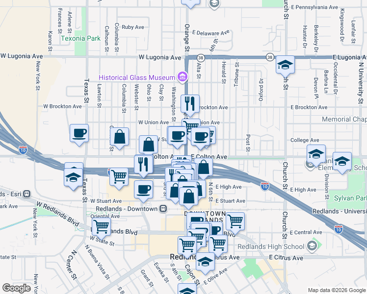 map of restaurants, bars, coffee shops, grocery stores, and more near 1018 West Colton Avenue in Redlands