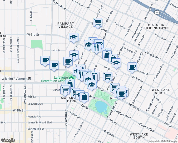 map of restaurants, bars, coffee shops, grocery stores, and more near 446 South Rampart Boulevard in Los Angeles