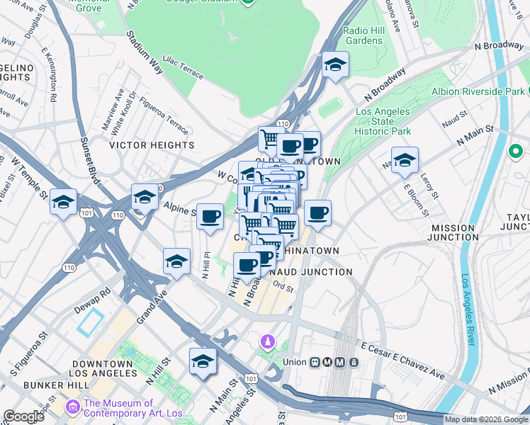 map of restaurants, bars, coffee shops, grocery stores, and more near 838 North Hill Street in Los Angeles