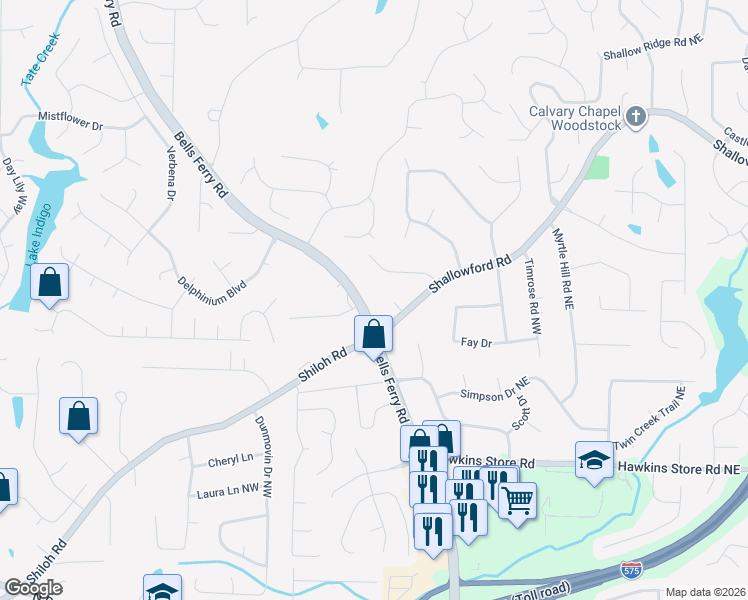 map of restaurants, bars, coffee shops, grocery stores, and more near 4580 Bells Ferry Road in Acworth