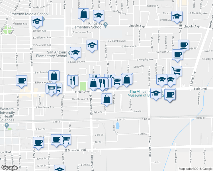 map of restaurants, bars, coffee shops, grocery stores, and more near 625 Loranne Avenue in Pomona