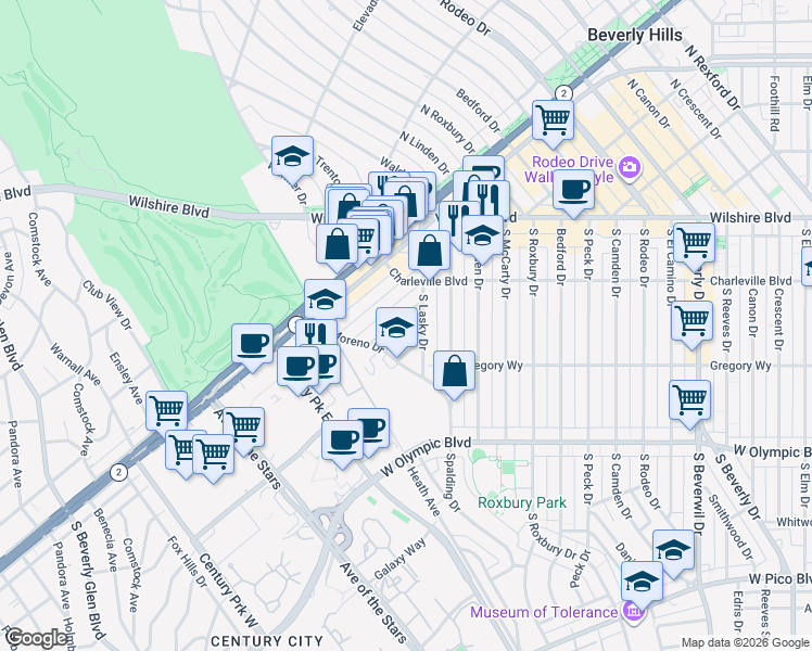 map of restaurants, bars, coffee shops, grocery stores, and more near 9930 Robbins Drive in Beverly Hills