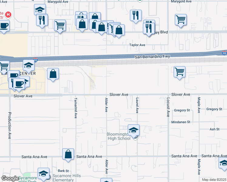 map of restaurants, bars, coffee shops, grocery stores, and more near 17744 Slover Avenue in Bloomington
