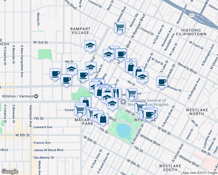 map of restaurants, bars, coffee shops, grocery stores, and more near 446 South Rampart Boulevard in Los Angeles