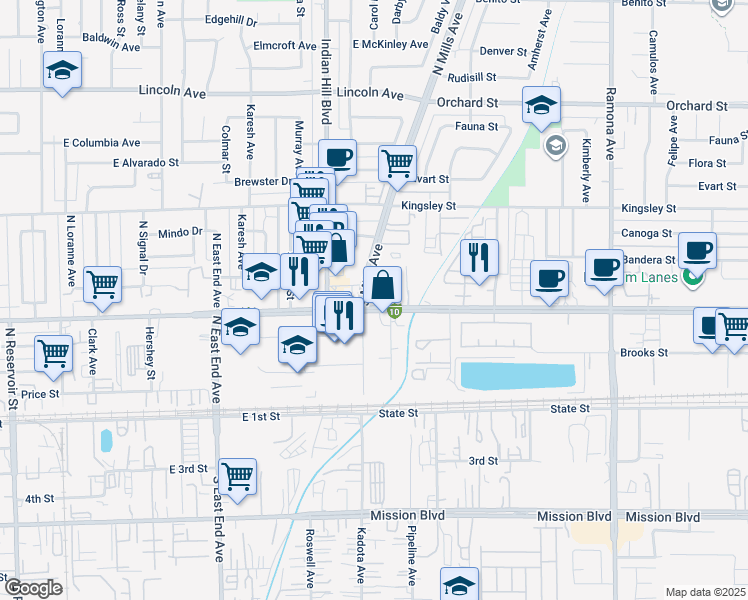 map of restaurants, bars, coffee shops, grocery stores, and more near 4020 Holt Boulevard in Montclair