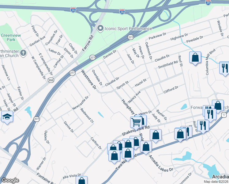 map of restaurants, bars, coffee shops, grocery stores, and more near 3741 Humphrey Drive in Columbia