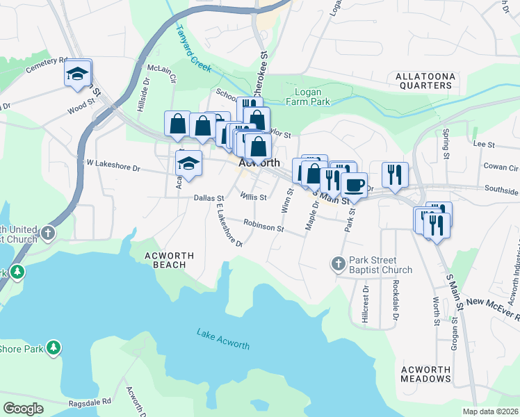 map of restaurants, bars, coffee shops, grocery stores, and more near 4476 Lemon Street in Acworth
