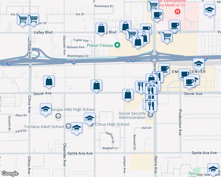 map of restaurants, bars, coffee shops, grocery stores, and more near 16604 Slover Avenue in Fontana
