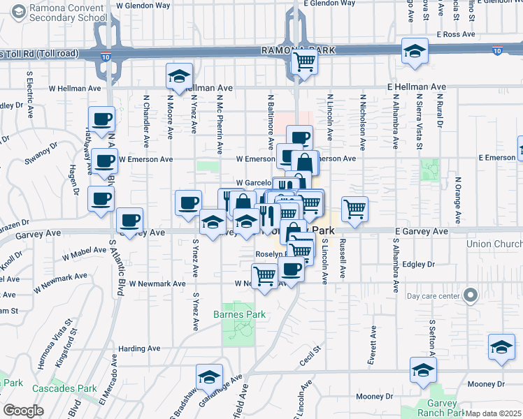 map of restaurants, bars, coffee shops, grocery stores, and more near 218 Avondale Avenue in Monterey Park