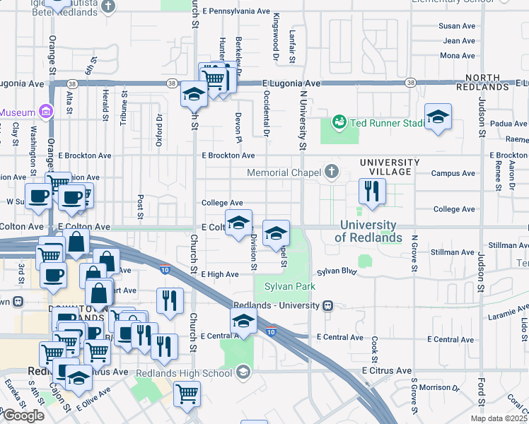 map of restaurants, bars, coffee shops, grocery stores, and more near 847 Occidental Drive in Redlands