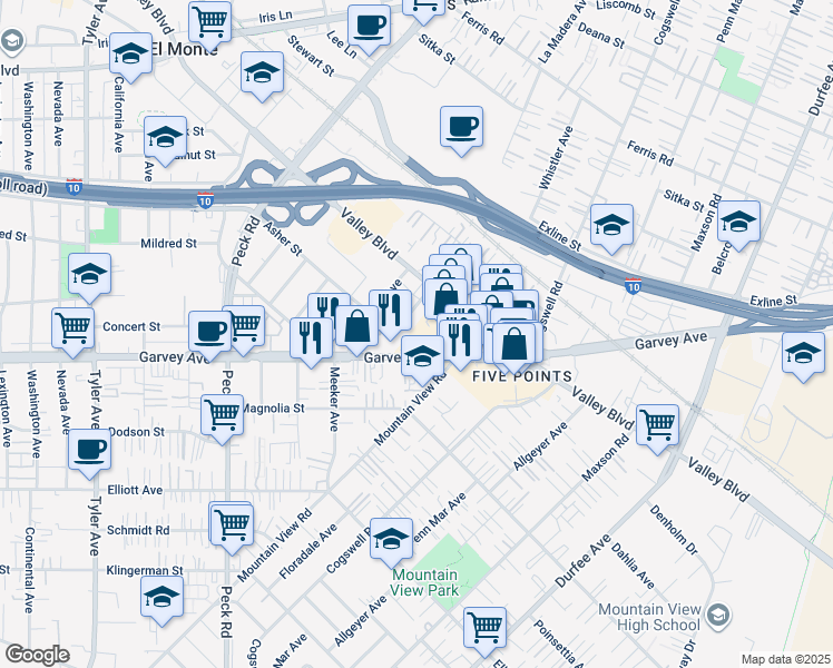 map of restaurants, bars, coffee shops, grocery stores, and more near 11725 Garvey Avenue in El Monte