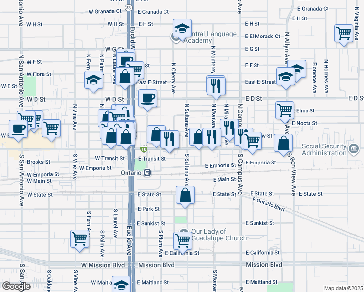 map of restaurants, bars, coffee shops, grocery stores, and more near 101 North Sparrow Privado in Ontario