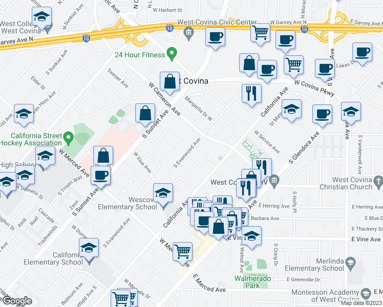 map of restaurants, bars, coffee shops, grocery stores, and more near 1119 West Crumley Street in West Covina