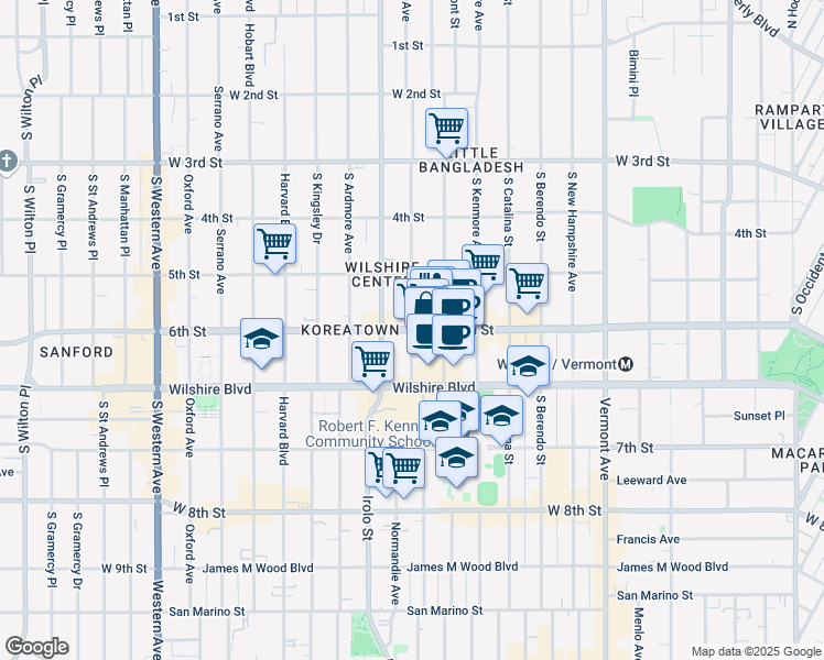 map of restaurants, bars, coffee shops, grocery stores, and more near W 6th St & S Mariposa Ave in Los Angeles