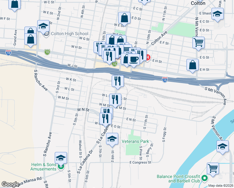 map of restaurants, bars, coffee shops, grocery stores, and more near 158 North La Cadena Drive in Colton