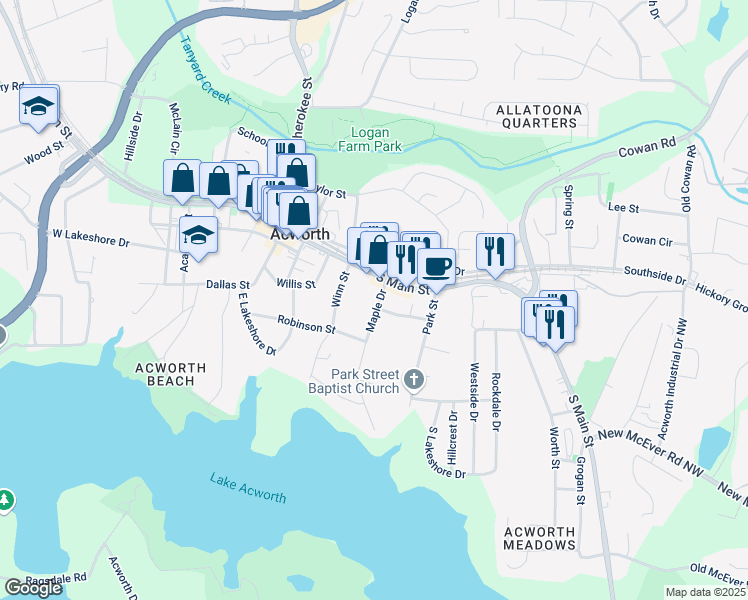 map of restaurants, bars, coffee shops, grocery stores, and more near 4477 Maple Drive in Acworth