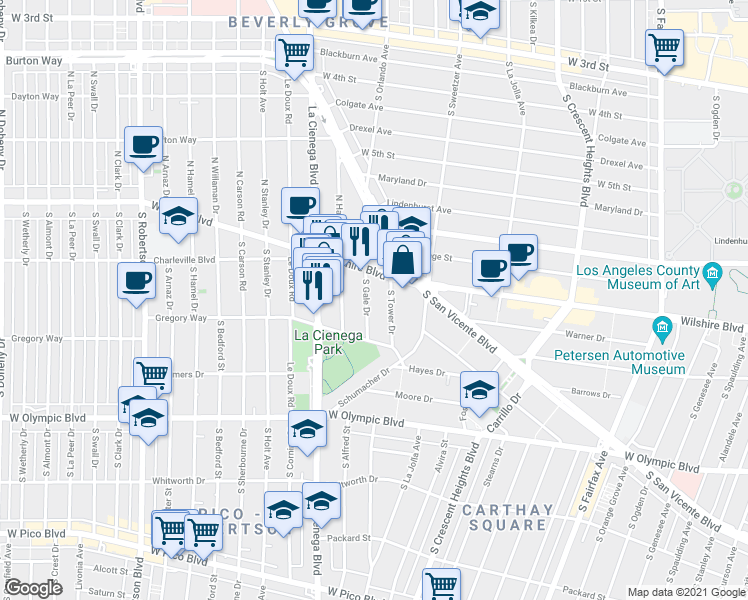 map of restaurants, bars, coffee shops, grocery stores, and more near 218 South Gale Drive in Beverly Hills