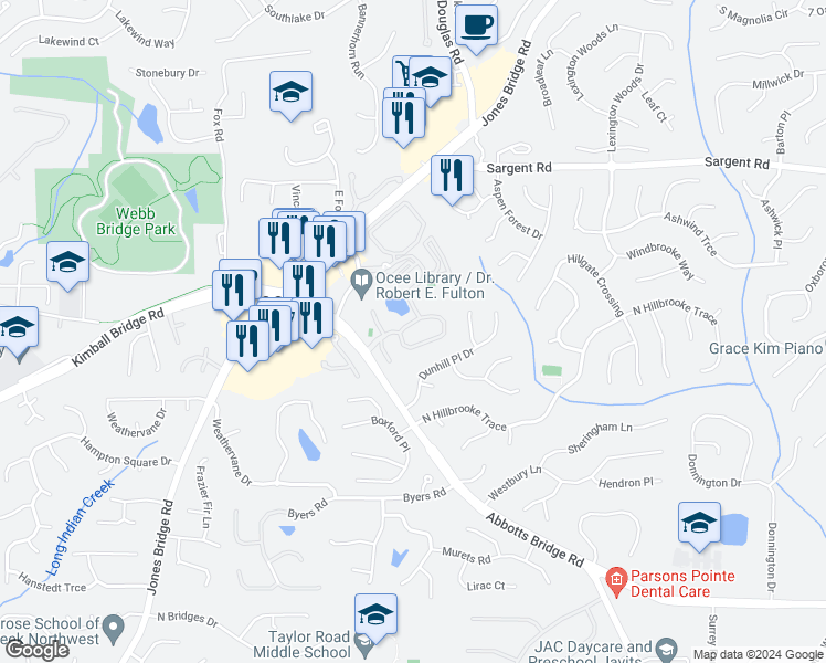 map of restaurants, bars, coffee shops, grocery stores, and more near 5100 Abbotts Bridge Road in Johns Creek