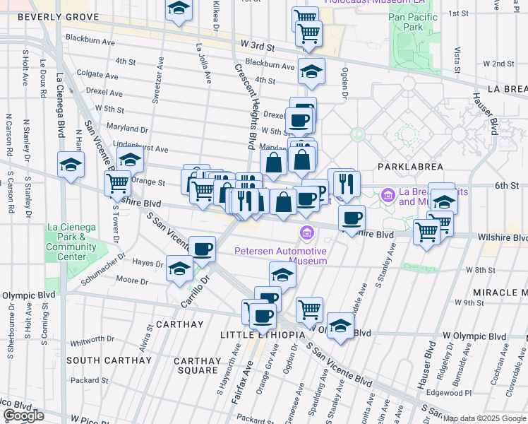 map of restaurants, bars, coffee shops, grocery stores, and more near 6205 Wilshire Boulevard in Los Angeles