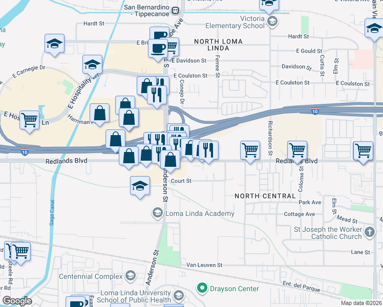 map of restaurants, bars, coffee shops, grocery stores, and more near 24990 Redlands Boulevard in San Bernardino