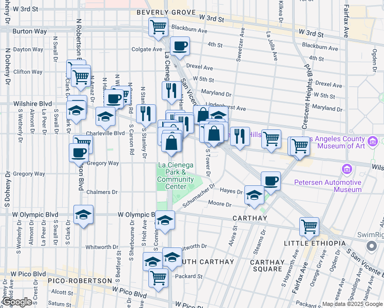 map of restaurants, bars, coffee shops, grocery stores, and more near 221 South Gale Drive in Beverly Hills