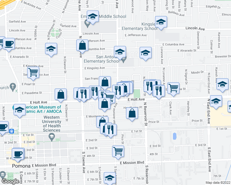 map of restaurants, bars, coffee shops, grocery stores, and more near 575 North San Antonio Avenue in Pomona