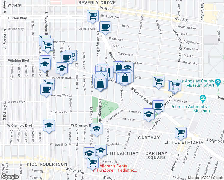 map of restaurants, bars, coffee shops, grocery stores, and more near 221 South Gale Drive in Beverly Hills