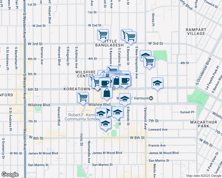 map of restaurants, bars, coffee shops, grocery stores, and more near W 6th St & S Kenmore Ave in Los Angeles