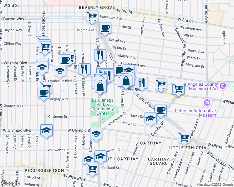 map of restaurants, bars, coffee shops, grocery stores, and more near 218 South Gale Drive in Beverly Hills