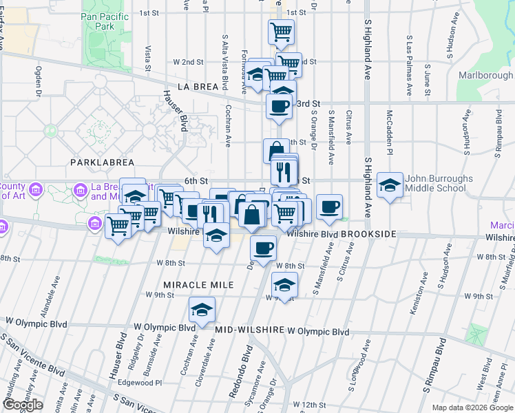 map of restaurants, bars, coffee shops, grocery stores, and more near 643 South Detroit Street in Los Angeles
