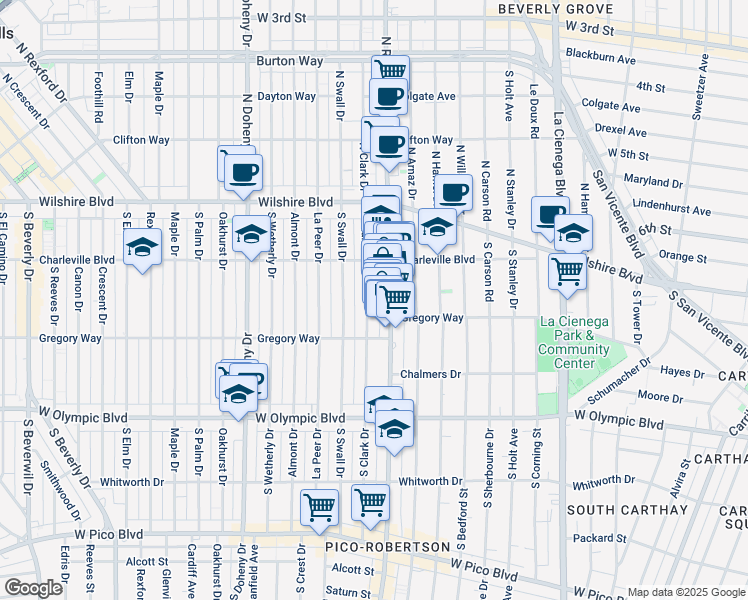 map of restaurants, bars, coffee shops, grocery stores, and more near 236 South Clark Drive in Beverly Hills