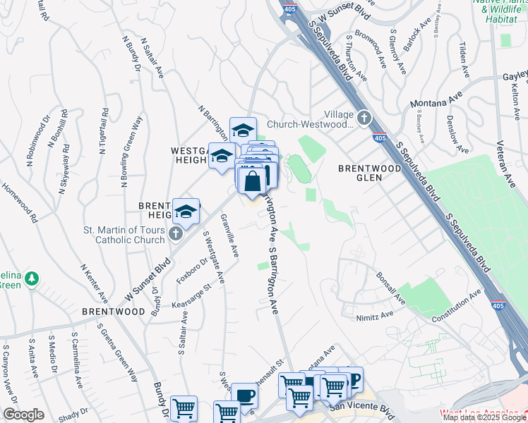map of restaurants, bars, coffee shops, grocery stores, and more near 233 South Barrington Avenue in Los Angeles