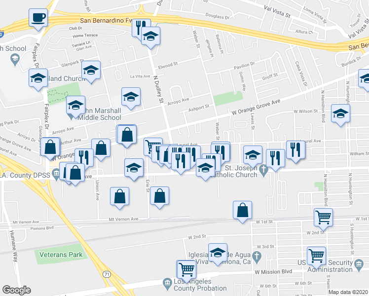 map of restaurants, bars, coffee shops, grocery stores, and more near 1550 Laurel Avenue in Pomona