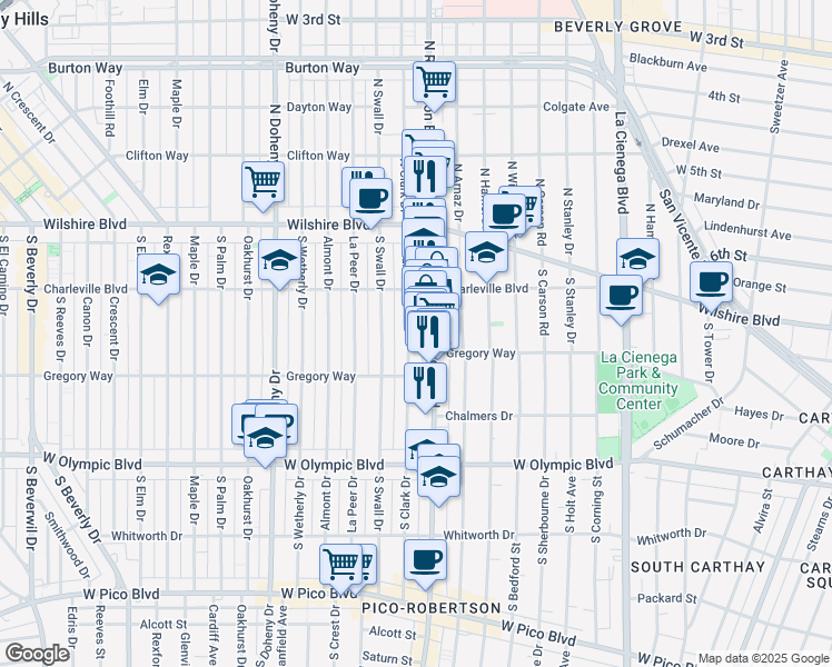map of restaurants, bars, coffee shops, grocery stores, and more near 236 South Clark Drive in Beverly Hills