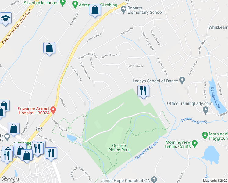 map of restaurants, bars, coffee shops, grocery stores, and more near 3935 Cherry Ridge Walk in Suwanee