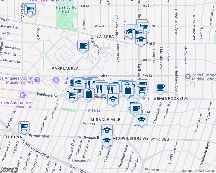 map of restaurants, bars, coffee shops, grocery stores, and more near 645 South Dunsmuir Avenue in Los Angeles